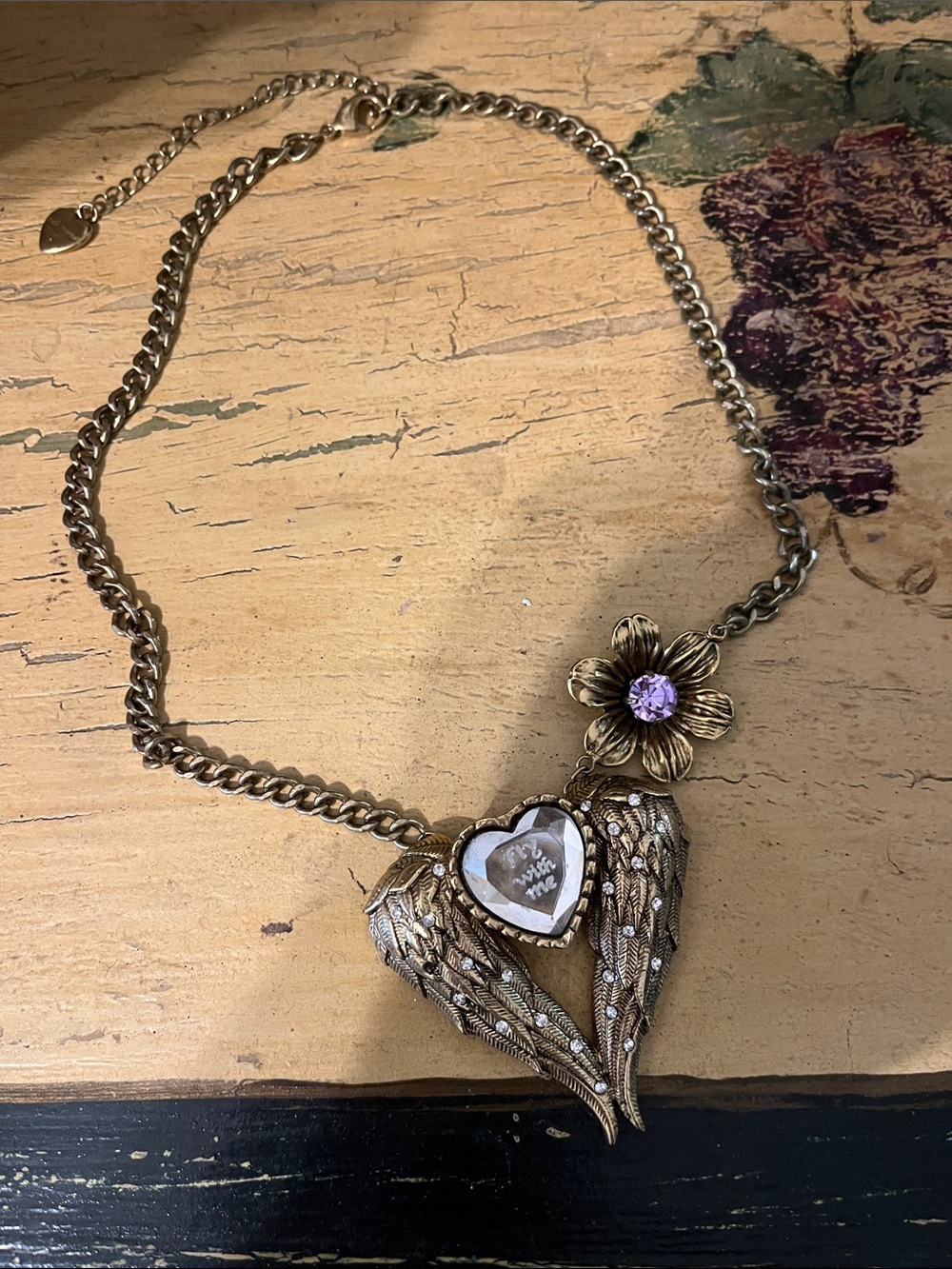 Vintage-Inspired Gold Heart Wing Necklace with Purple Accent